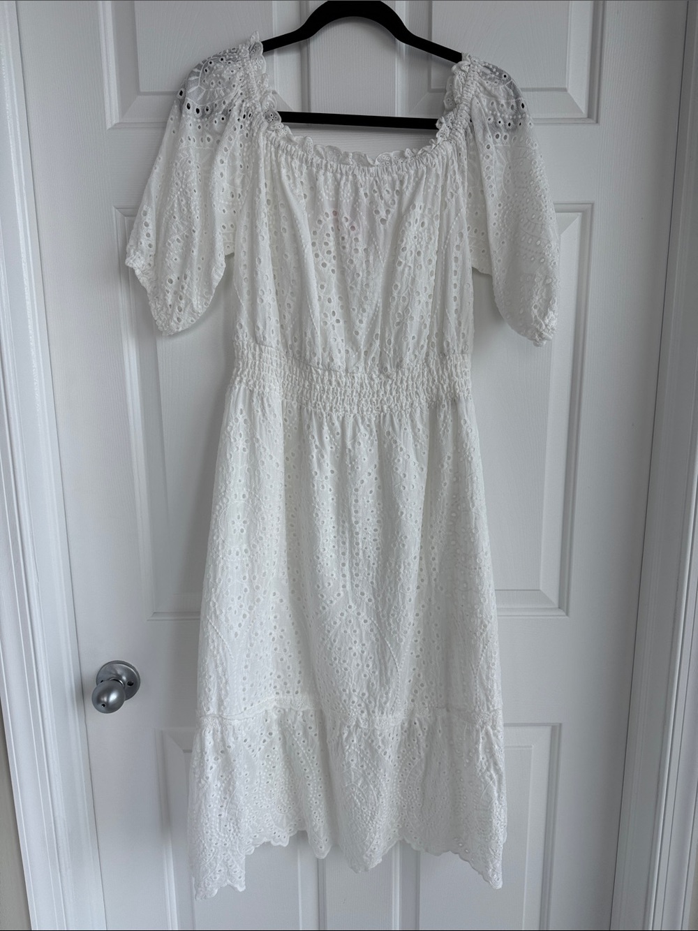 Betsey Johnson White Eyelet Puff-Sleeve Midi Dress